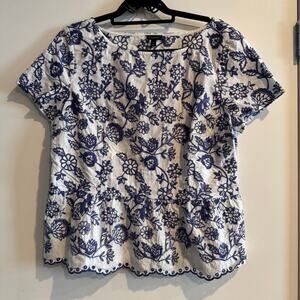 New Talbots Peplum Top Blue Embroidered Floral Scalloped Hem Short Sleeve Sz 14